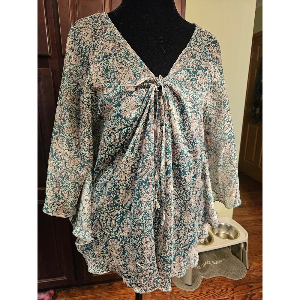 Robin K Sheer Batwing Blouse Blue Paisley Top Size L Flowy Boho Chic